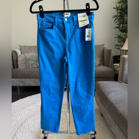 L'AGENCE Alexia High Rise Cropped Cigarette Bright Blue Jeans NWT Size 28 New - Picture 1 of 11